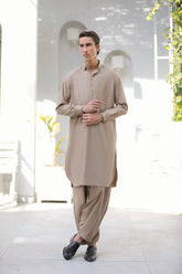 Stitched Signature Logo Shalwar Kameez With Golden Button for Men - Light Brown